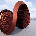 Abstract Red Spiral Grid Outdoor Sculpture Set Against Urban Landscape And Sky
