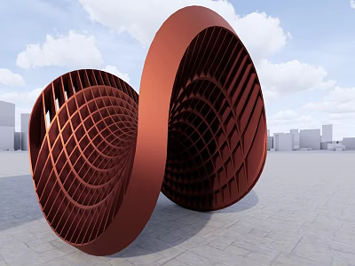 Abstract Red Spiral Grid Outdoor Sculpture Set Against Urban Landscape And Sky 3d model
