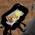 Cozy Bedroom Scene With White Rolling Tray Table Holding Salmon Meal And Glass