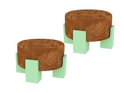 Two Round Brown Stools With Light Green Square Legs For Home Decor 3d model