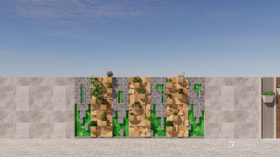 Outdoor Feature Wall With Textured Panels And Green Vegetation Under Blue Sky 3d model 