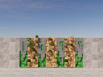 Outdoor Feature Wall With Textured Panels And Green Vegetation Under Blue Sky 3d model