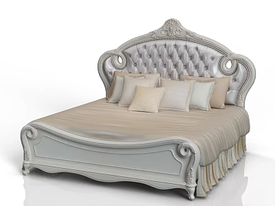 Classic European Style Double Bed With Carved Tufted Headboard And Beige Bedding 3d model