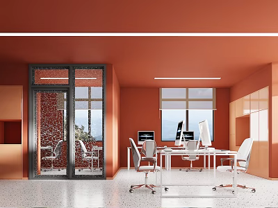 Modern Public Office Space Interior With Orange Walls Glass Doors Windows White Desks And Computers 3d model