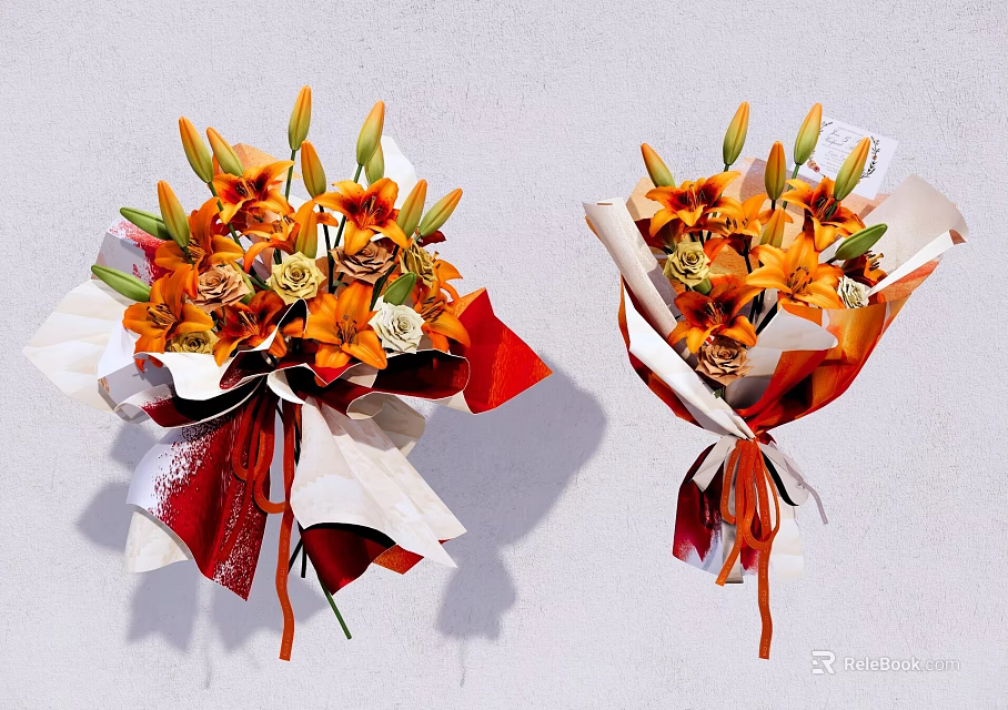 Decorative Ornament Set with Orange Lilies Roses Red White Wrapping Red Ribbon on White Background 3d model 