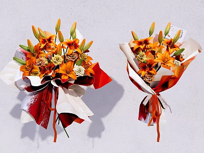 Decorative Ornament Set with Orange Lilies Roses Red White Wrapping Red Ribbon on White Background 3d model