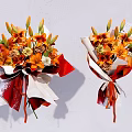 Decorative Ornament Set with Orange Lilies Roses Red White Wrapping Red Ribbon on White Background