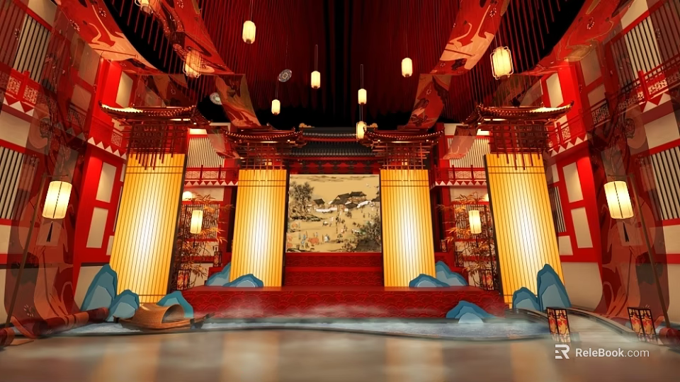 Chinese Style Stage Decorated With Hanging Lanterns Landscape Painting Red Carpet Golden Pillars And Mist 3d model 