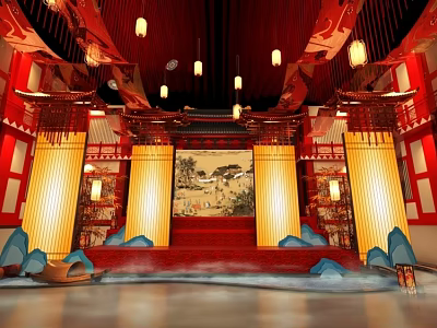 Chinese Style Stage Decorated With Hanging Lanterns Landscape Painting Red Carpet Golden Pillars And Mist 3d model