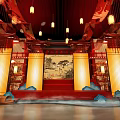 Chinese Style Stage Decorated With Hanging Lanterns Landscape Painting Red Carpet Golden Pillars And Mist