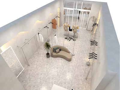 Modern Clothing Store Interior With Clothing Racks Hanging Clothes Sofa Plant And Lighting 3d model