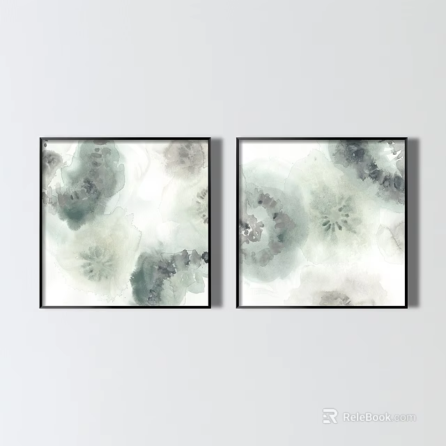 Two Panel Abstract Watercolor Paintings With Soft Green Gray White Tones And Black Frames 3d model