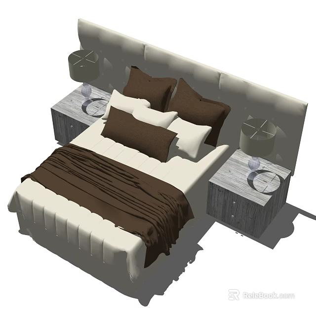 Modern Double Bed With Light Colored Headboard Brown White Bedding And Nightstand Lamps 3d model 