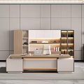 Modern Luxury Office Desk White And Wooden With Bookshelf Computer Chair Green Plant And Lighting
