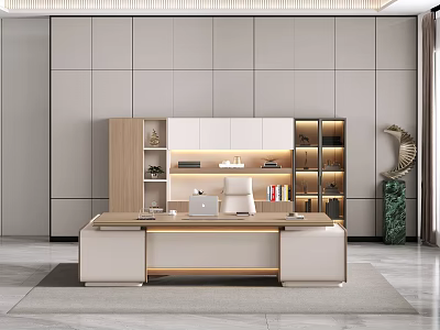Modern Luxury Office Desk White And Wooden With Bookshelf Computer Chair Green Plant And Lighting 3d model