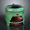 Green Copper Stove With Round Top And Stand Featuring Holes For Home Use