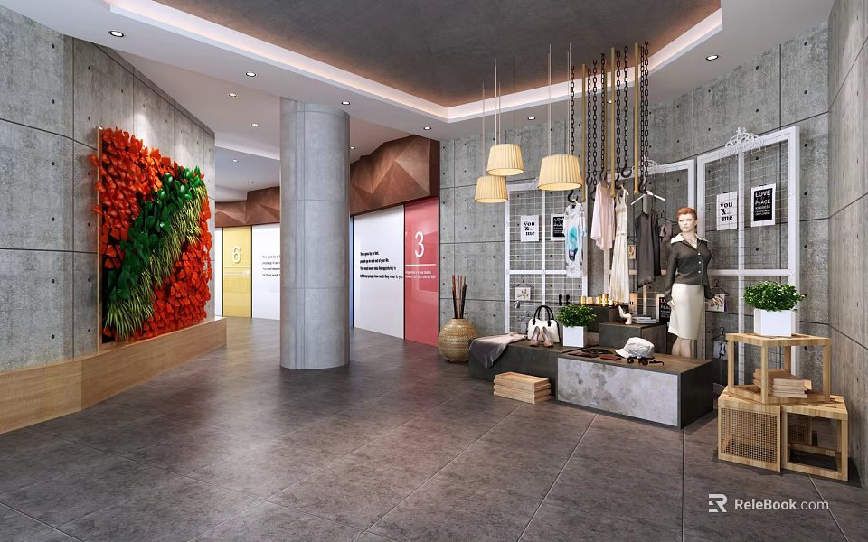 Modern Shop Front Desk Area With Decorative Plant Wall Pendant Lights And Mannequin 3d model 