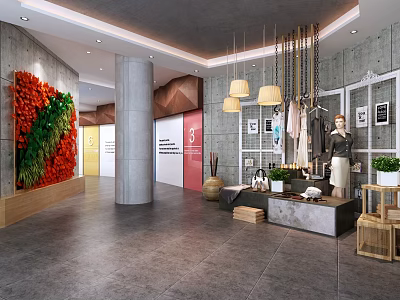 Modern Shop Front Desk Area With Decorative Plant Wall Pendant Lights And Mannequin 3d model