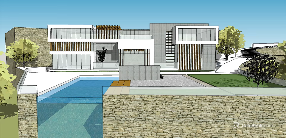 Modern Detached Villa With Swimming Pool Courtyard Glass Facade And Wooden Grilles 3d model 