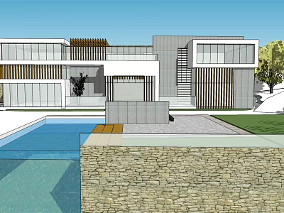 Modern Detached Villa With Swimming Pool Courtyard Glass Facade And Wooden Grilles 3d model