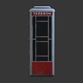 Red And White Telephone Booth With Glass Windows Bottom Stickers And Top Sign