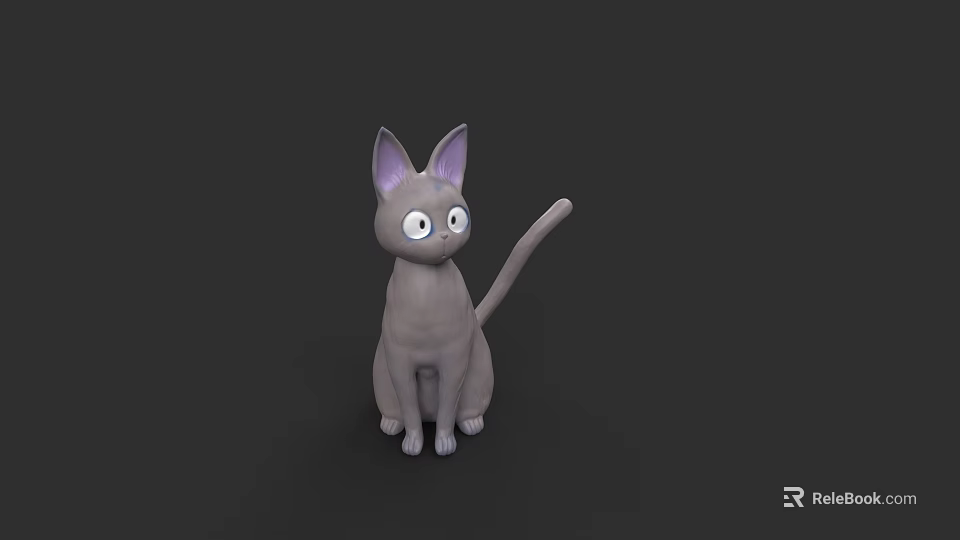 Gray Cartoon Cat With Purple Ears And Big Eyes Sitting On Dark Background 3d model 
