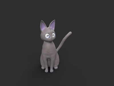 Gray Cartoon Cat With Purple Ears And Big Eyes Sitting On Dark Background 3d model