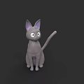 Gray Cartoon Cat With Purple Ears And Big Eyes Sitting On Dark Background
