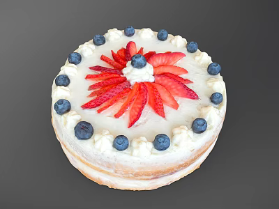 Homemade Round Layered Cream Cake Topped With Fresh Strawberries And Blueberries 3d model
