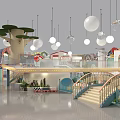 Indoor Playground With Hanging Spherical Lights Colorful Structures Slide Green Plants And Decorative Elements