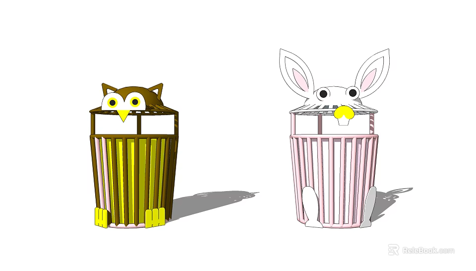 Cute Animal Shaped Public Facility Trash Bins With Brown Yellow Pink Decorative Design 3d model 