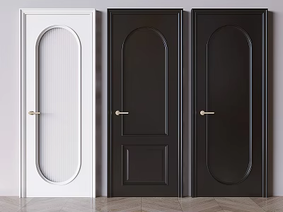 Stylish White and Black Hinged Doors with Different Panel Designs and Golden Handles 3d model