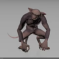 3D Rendered Mythical Creature Character With Large Ears Sharp Fangs Purple Skin And Crouching Posture