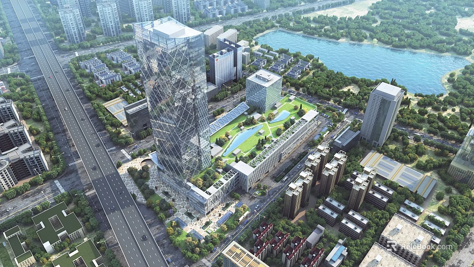 Birds Eye View Urban Planning Featuring Modern High Rise Buildings Central Green Park And Riverfront 3d model 