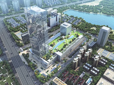 Birds Eye View Urban Planning Featuring Modern High Rise Buildings Central Green Park And Riverfront 3d model