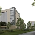 Modern Office Building With Glass Curtain Walls Green Lawn And Surrounding Trees