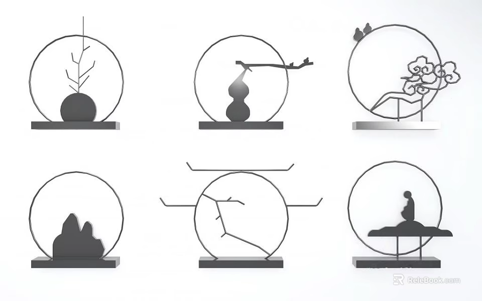 Minimalist Decorative Ornament Set with Plant Figure Mountain and Branch in Circular Design 3d model 
