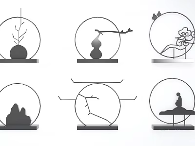 Minimalist Decorative Ornament Set with Plant Figure Mountain and Branch in Circular Design 3d model