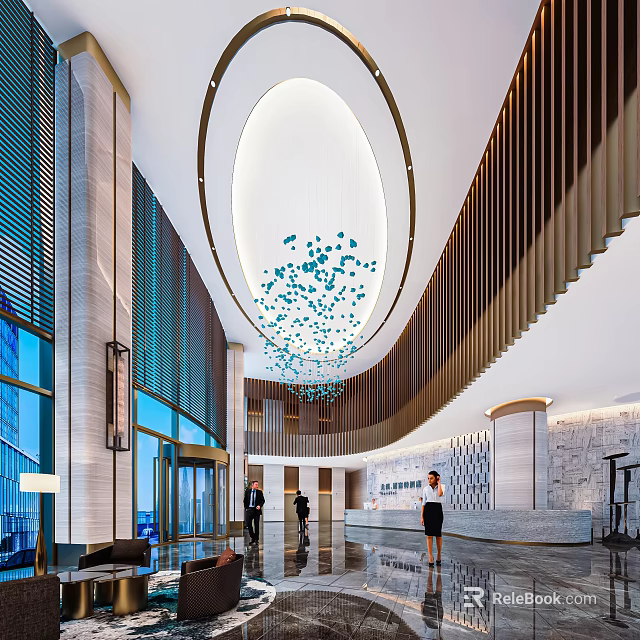 Modern Hotel Lobby Interior With Blue Glass Pendant Lights And Marble Reception Desk 3d model 