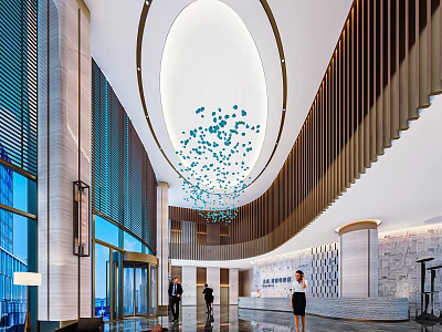 Modern Hotel Lobby Interior With Blue Glass Pendant Lights And Marble Reception Desk 3d model