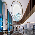 Modern Hotel Lobby Interior With Blue Glass Pendant Lights And Marble Reception Desk