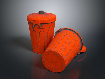 Orange Trash Bins One Standing and One Tipped Over on Dark Surface 3d model