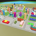 Cartoon City Landscape With Colorful Buildings Various Shaped Skyscrapers And Green Lawns