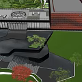 Modern Garden Landscape With High Rise Buildings Green Lawns Red Leaf Trees And Pedestrian Paths