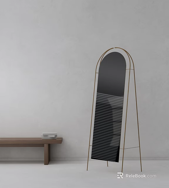 Modern Arched Floor Mirror With Metal Frame And Wooden Table In Interior 3d model 