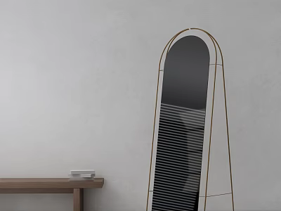 Modern Arched Floor Mirror With Metal Frame And Wooden Table In Interior 3d model