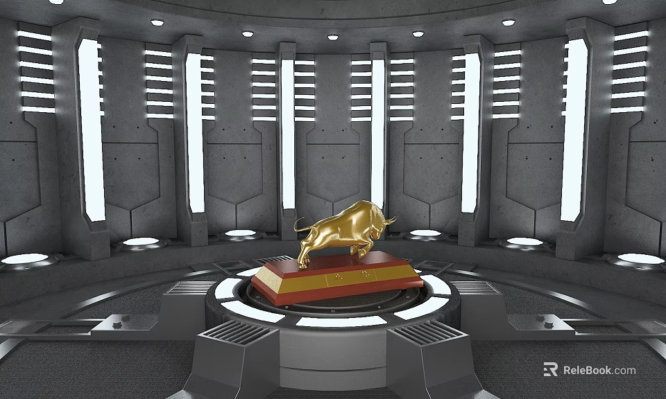 Modern Display Shelf Featuring Golden Bull Sculpture on Red Base with Gray Walls and Lighting 3d model 