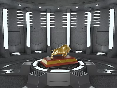 Modern Display Shelf Featuring Golden Bull Sculpture on Red Base with Gray Walls and Lighting 3d model