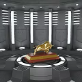 Modern Display Shelf Featuring Golden Bull Sculpture on Red Base with Gray Walls and Lighting