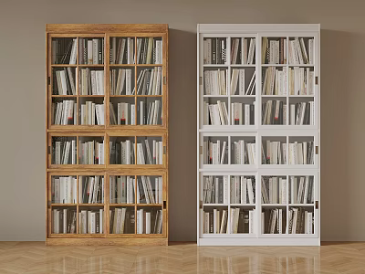 Wooden and White Bookcases Filled with Various Books in Modern Room 3d model
